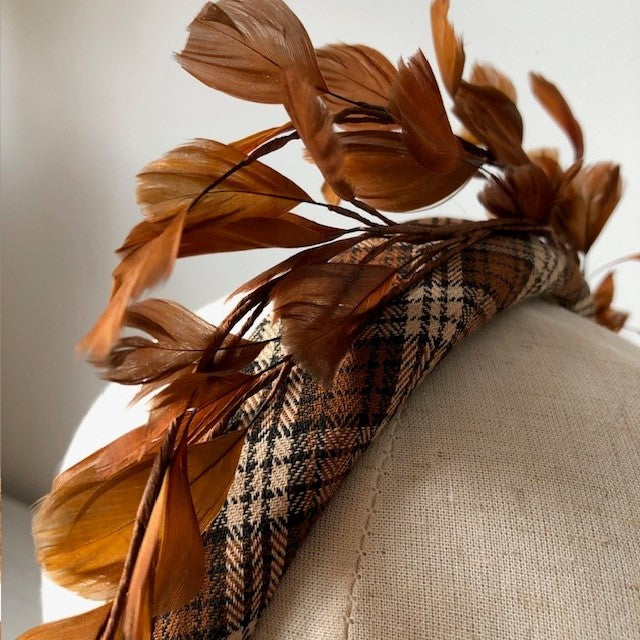 Fascinator tartan band with brown bronze feathers. MHB16