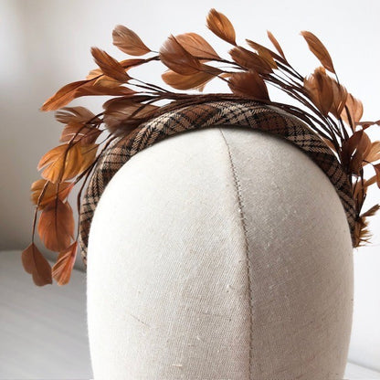 Fascinator tartan band with brown bronze feathers. MHB16