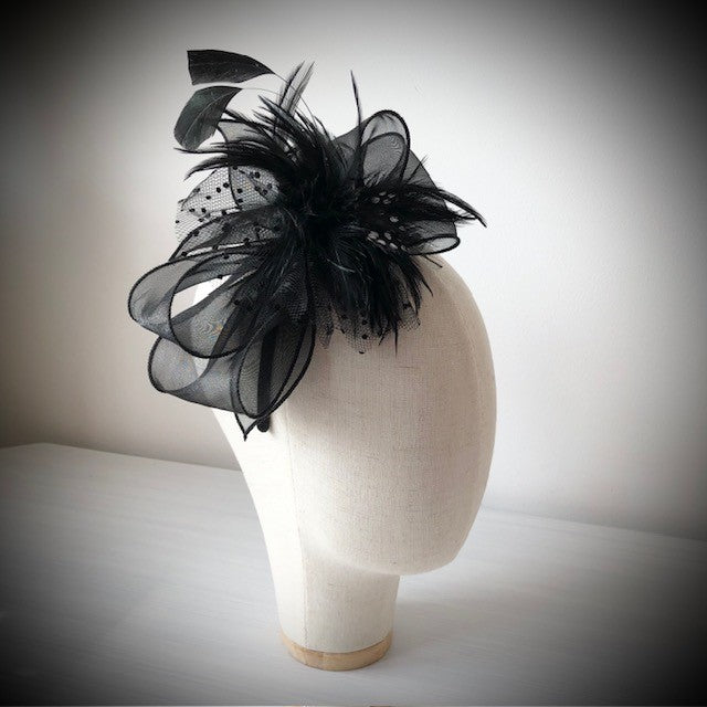 Fascinator black on a slim headband with soft quail feathers with a black bow MHB12