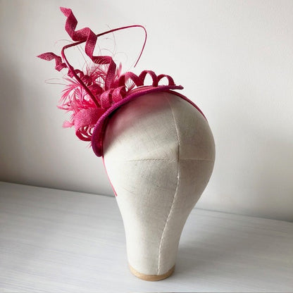 Fascinator Cerise with Swirls of Cerise Feathers and Sinamay MHB15