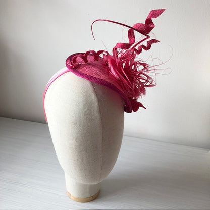 Fascinator Cerise with Swirls of Cerise Feathers and Sinamay MHB15