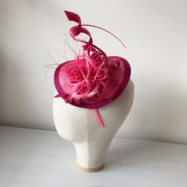 Fascinator Cerise with Swirls of Cerise Feathers and Sinamay MHB15