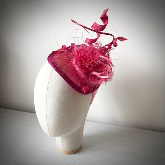 Fascinator Cerise with Swirls of Cerise Feathers and Sinamay MHB15