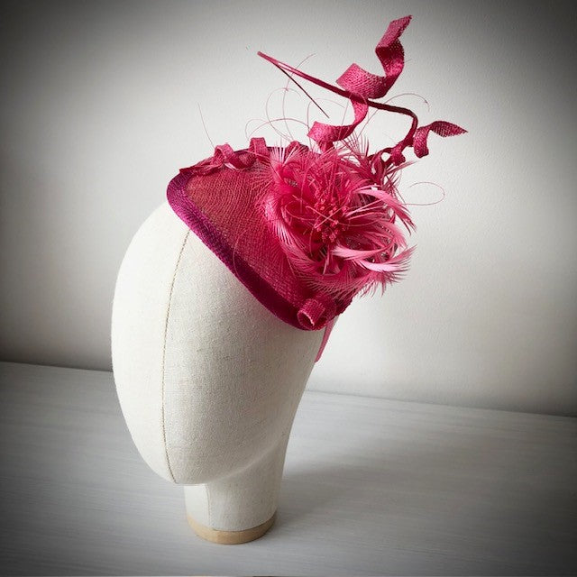 Fascinator Cerise with Swirls of Cerise Feathers and Sinamay MHB15