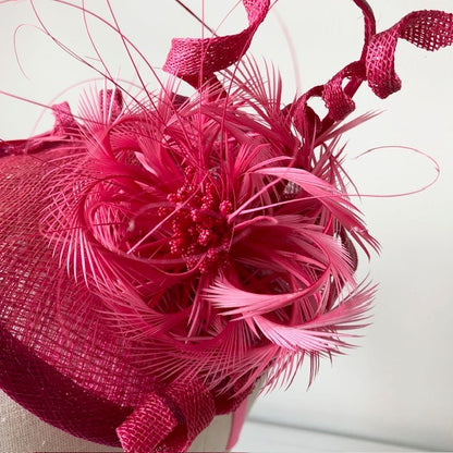 Fascinator Cerise with Swirls of Cerise Feathers and Sinamay MHB15