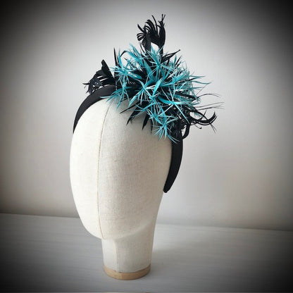 Fascinator with Teal Blue Black Biot feathers on black headband MHB14