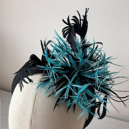 Fascinator with Teal Blue Black Biot feathers on black headband MHB14