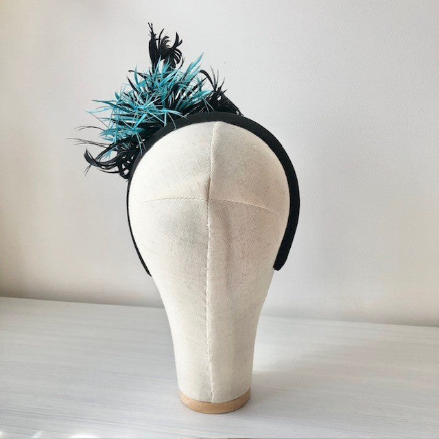 Fascinator with Teal Blue Black Biot feathers on black headband MHB14