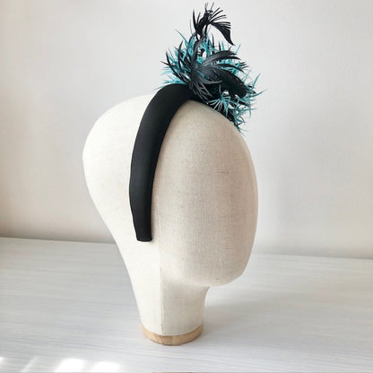 Fascinator with Teal Blue Black Biot feathers on black headband MHB14