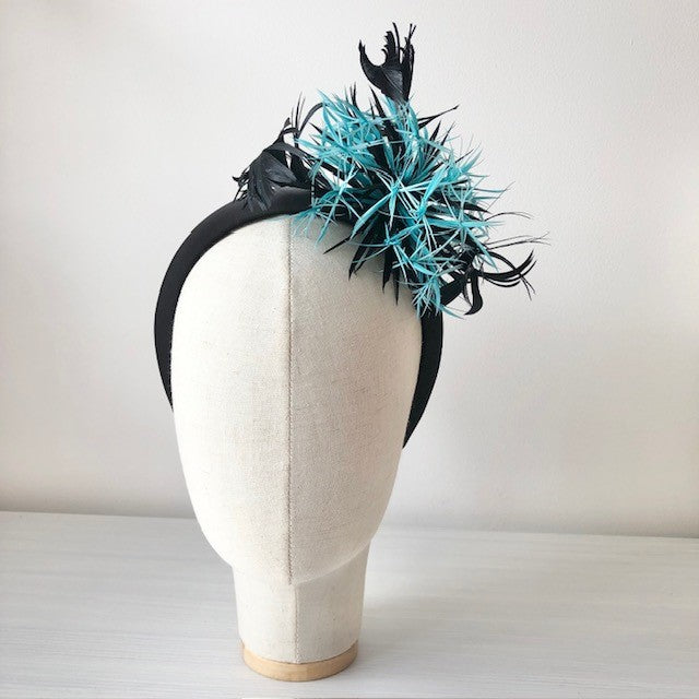 Fascinator with Teal Blue Black Biot feathers on black headband MHB14