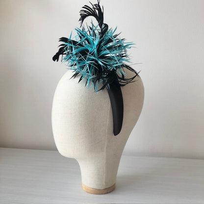 Fascinator with Teal Blue Black Biot feathers on black headband MHB14