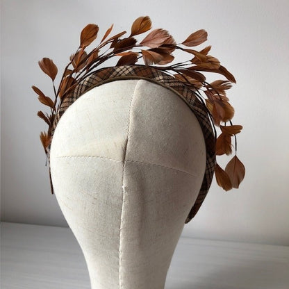 Fascinator tartan band with brown bronze feathers. MHB16