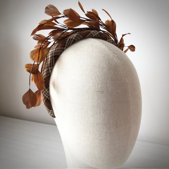 Fascinator tartan band with brown bronze feathers. MHB16