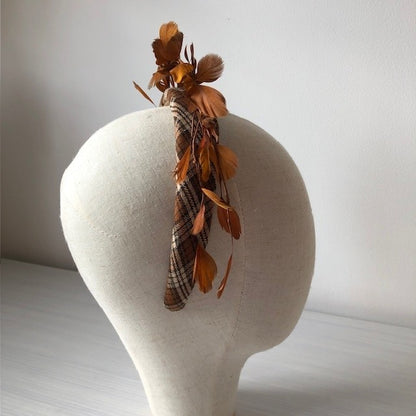 Fascinator tartan band with brown bronze feathers. MHB16