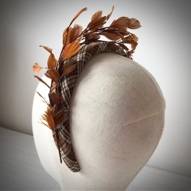 Fascinator tartan band with brown bronze feathers. MHB16