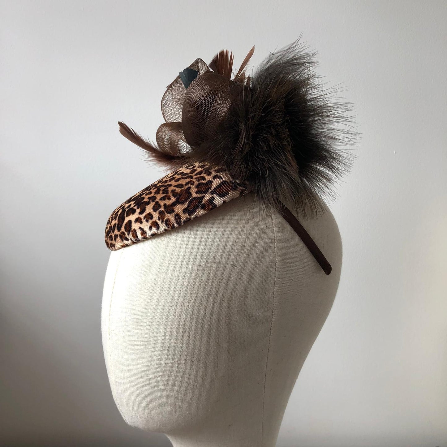 Fascinator Brown Leopard Print Buntal Button MHB03