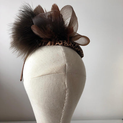 Fascinator Brown Leopard Print Buntal Button MHB03