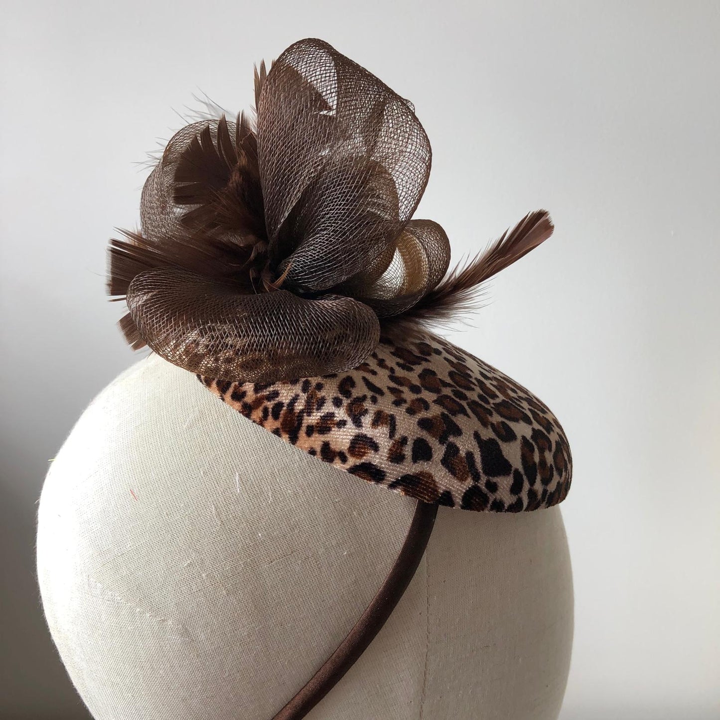 Fascinator Brown Leopard Print Buntal Button MHB03