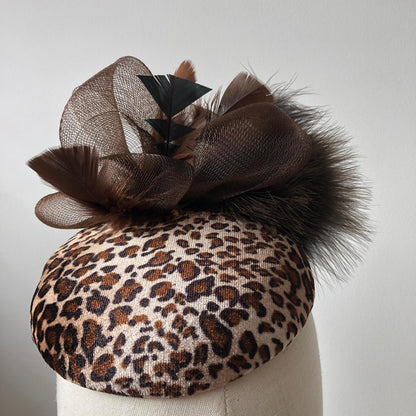 Fascinator Brown Leopard Print Buntal Button MHB03