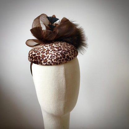 Fascinator Brown Leopard Print Buntal Button MHB03