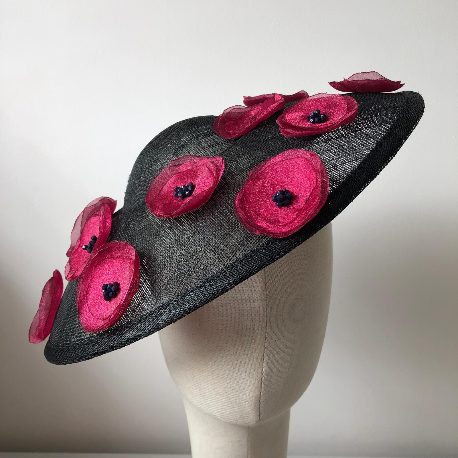 Fascinator Disc Black Domed Burgundy Poppy MHB04 - The Milliner's Hat Box