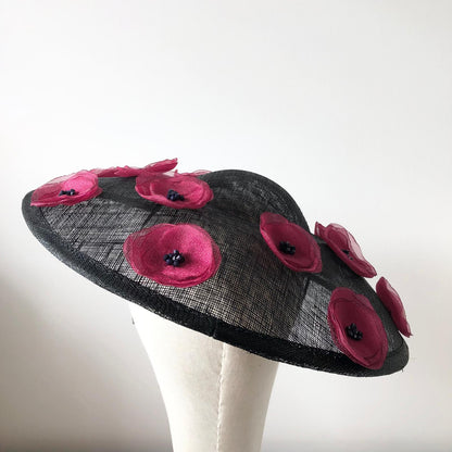 Fascinator Disc Black Domed Burgundy Poppy MHB04 - The Milliner's Hat Box