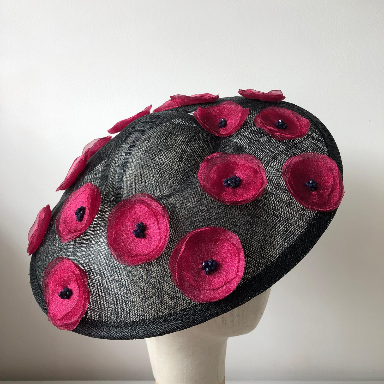 Fascinator Disc Black Domed Burgundy Poppy MHB04 - The Milliner's Hat Box