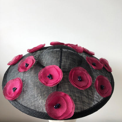 Fascinator Disc Black Domed Burgundy Poppy MHB04 - The Milliner's Hat Box