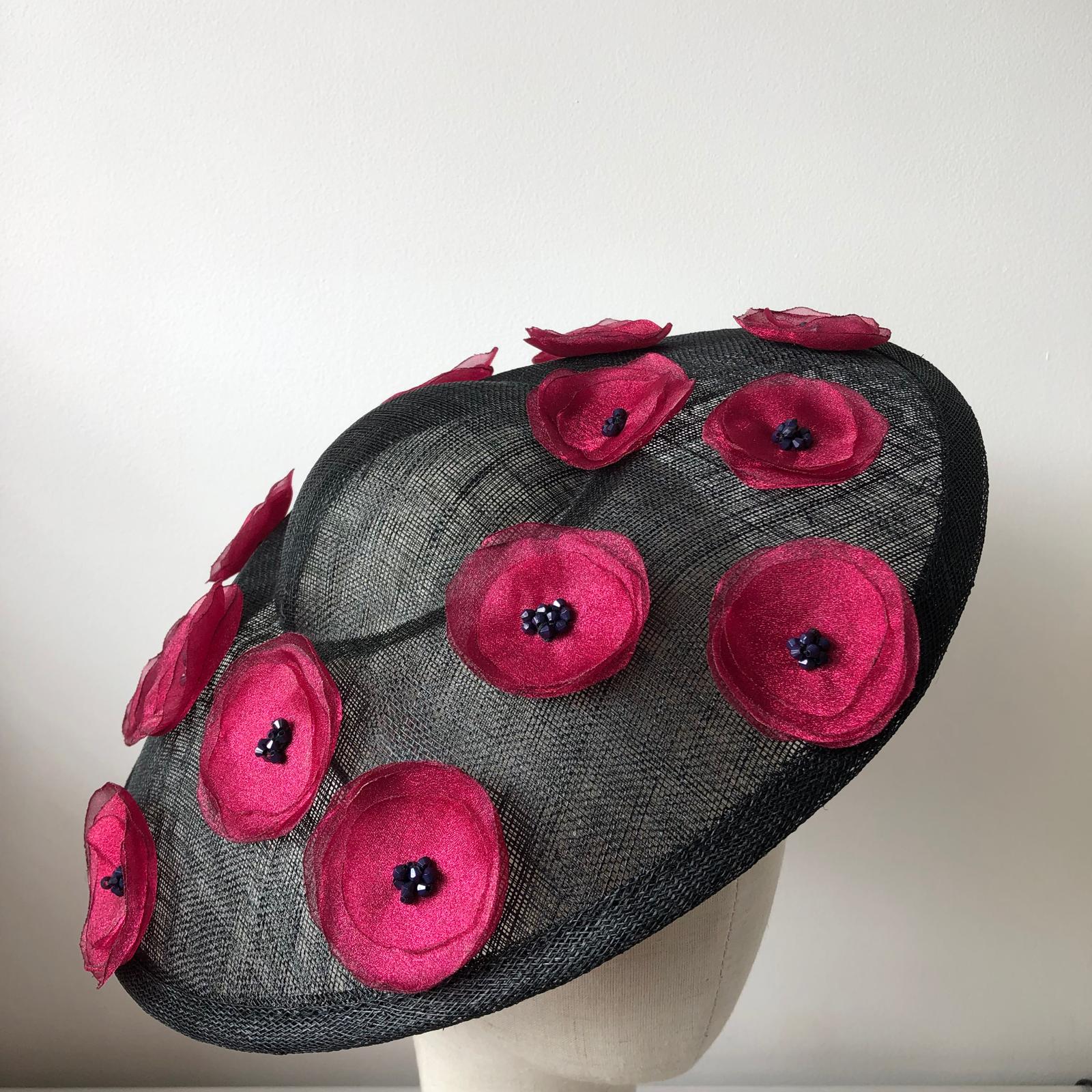 Fascinator Disc Black Domed Burgundy Poppy MHB04 - The Milliner's Hat Box