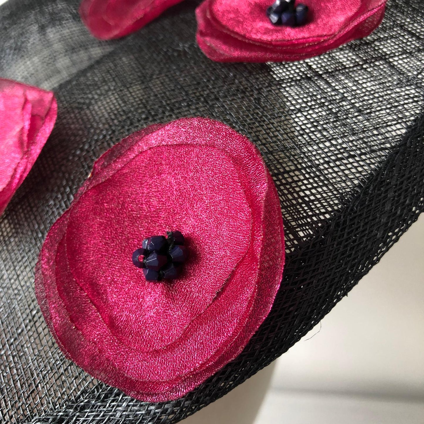 Fascinator Disc Black Domed Burgundy Poppy MHB04 - The Milliner's Hat Box