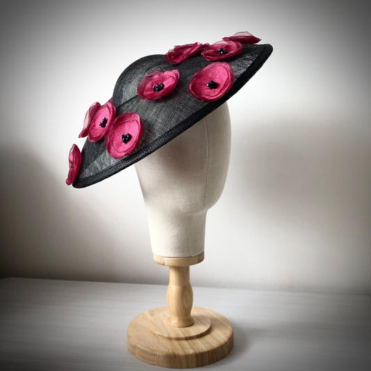 Fascinator Disc Black Domed Burgundy Poppy MHB04 - The Milliner's Hat Box