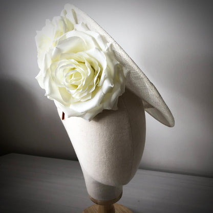 Fascinator Disc Cream Oval Scalloped Large Roses MHB06 - The Milliner's Hat Box