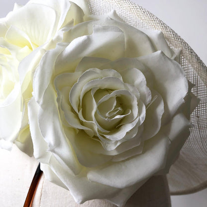 Fascinator Disc Cream Oval Scalloped Large Roses MHB06 - The Milliner's Hat Box