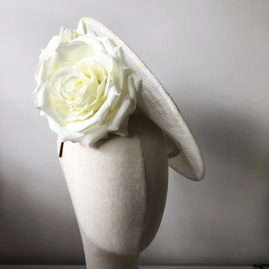 Fascinator Disc Cream Oval Scalloped Large Roses MHB06 - The Milliner's Hat Box