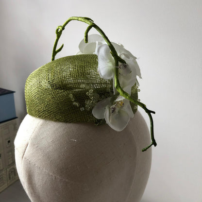 Fascinator Pillbox Lime Yellow Green With Orchids MHB08