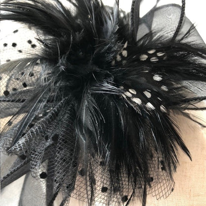 Fascinator black on a slim headband with soft quail feathers with a black bow MHB12