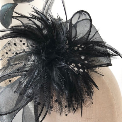 Fascinator black on a slim headband with soft quail feathers with a black bow MHB12