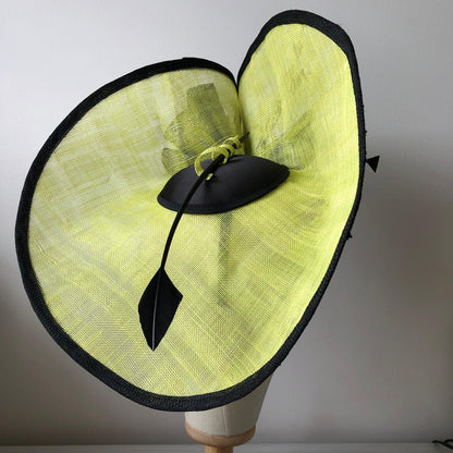 Hatinator Disc Hat MHB01 Lemon Lime Green Sinamay Feather - The Milliner's Hat Box