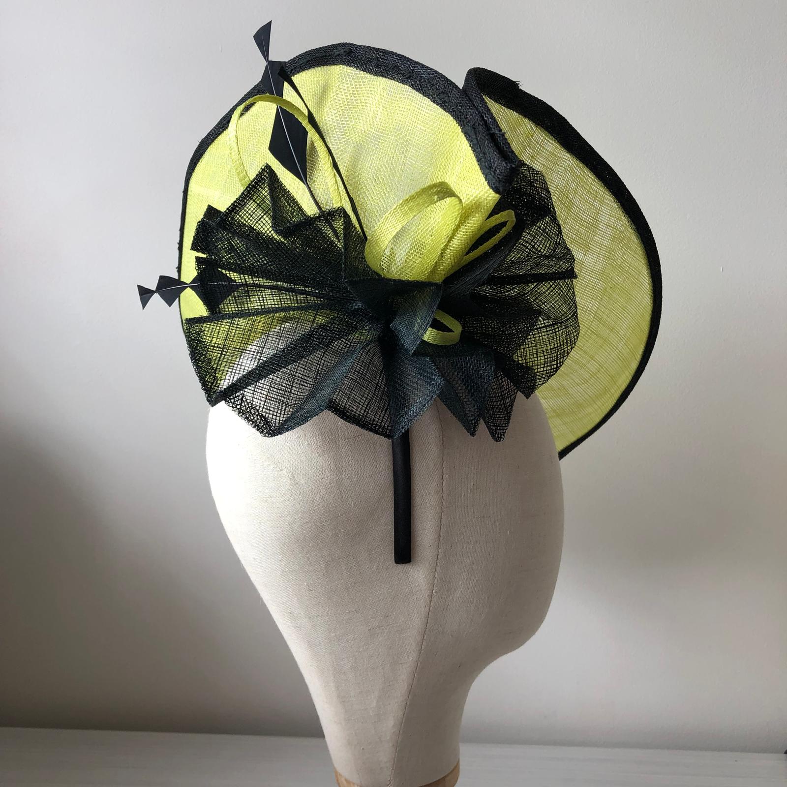 Hatinator Disc Hat MHB01 Lemon Lime Green Sinamay Feather - The Milliner's Hat Box