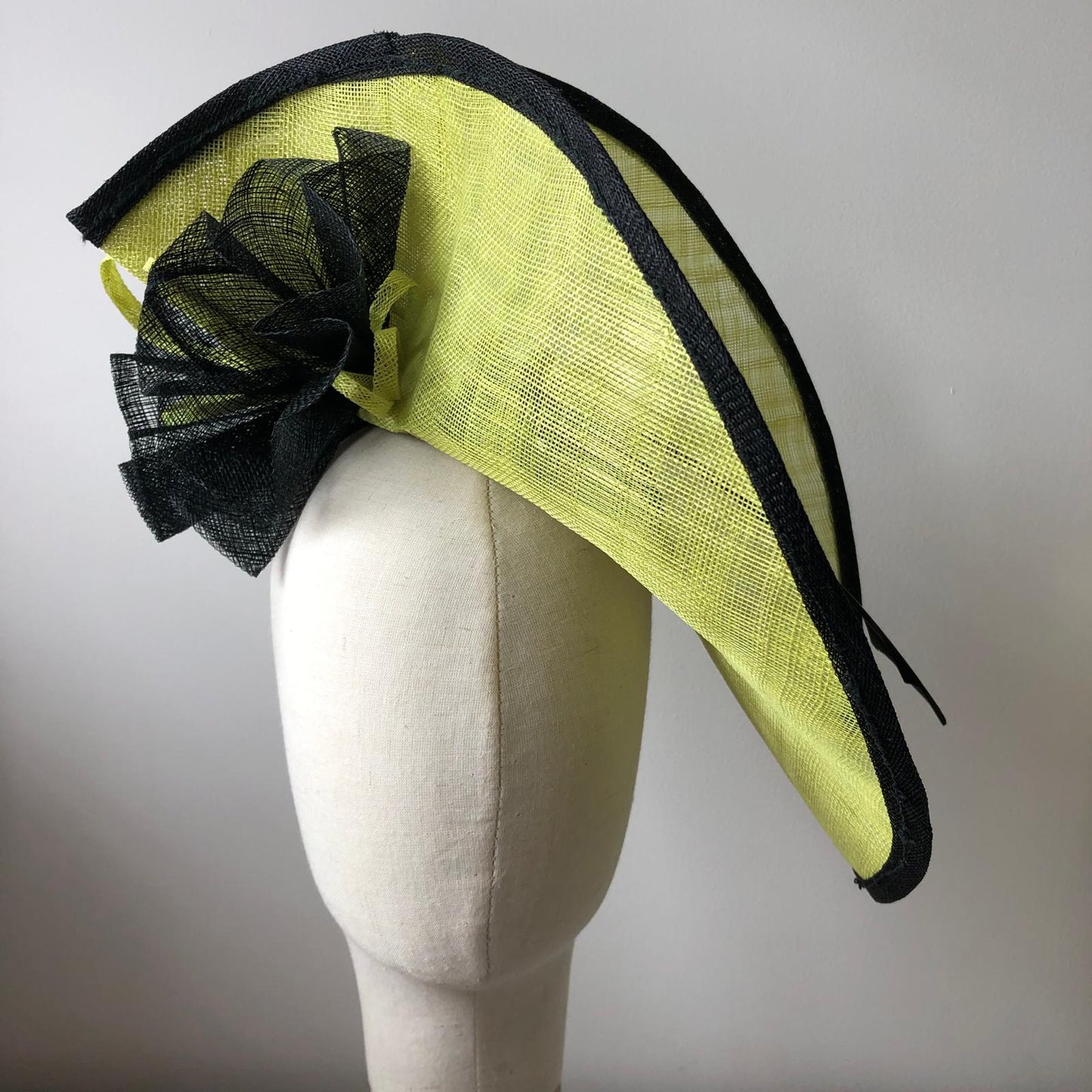 Hatinator Disc Hat MHB01 Lemon Lime Green Sinamay Feather - The Milliner's Hat Box