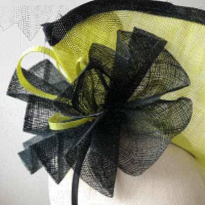 Hatinator Disc Hat MHB01 Lemon Lime Green Sinamay Feather - The Milliner's Hat Box