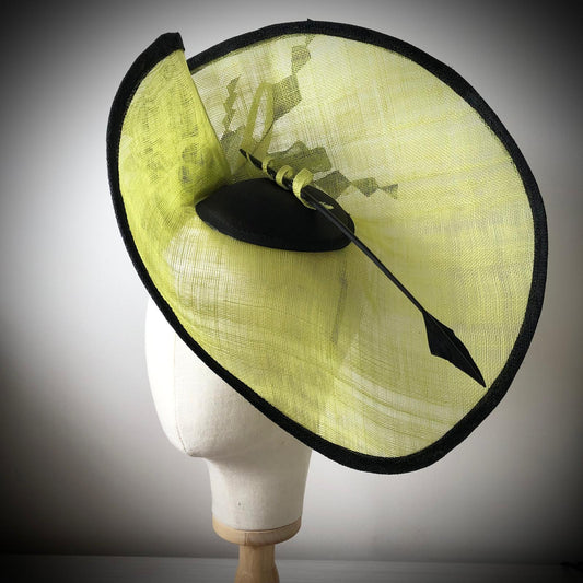 Hatinator Disc Hat MHB01 Lemon Lime Green Sinamay Feather - The Milliner's Hat Box