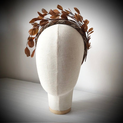 Fascinator tartan band with brown bronze feathers. MHB16